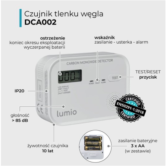 CZUJNIK CZADU Z WYŚWIETLACZEM bateryjny LUMIO DCA002