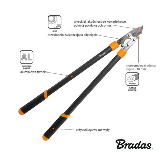 SEKATOR do GAŁĘZI z PRZEKŁANIĄ ostrza kowadełkowe 770mm/40mm BRADAS KT-V1251