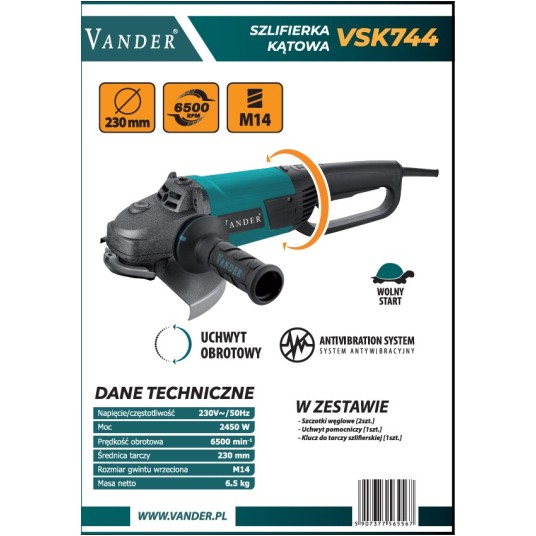 VSK744 SZLIFIERKA KĄTOWA 230/180mm 2450W /wolny start VANDER