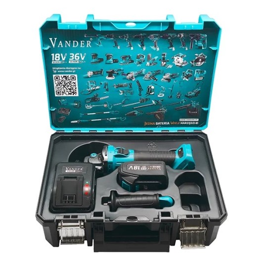 VSK813W SZLIFIERKA AKUMULATOROWA z REGULACJĄ 125mm 18V + BATERIA 4ah + ŁADOWARKA (walizka) VANDER