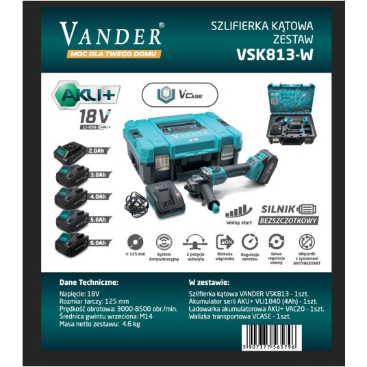 VSK813W SZLIFIERKA AKUMULATOROWA z REGULACJĄ 125mm 18V + BATERIA 4ah + ŁADOWARKA (walizka) VANDER