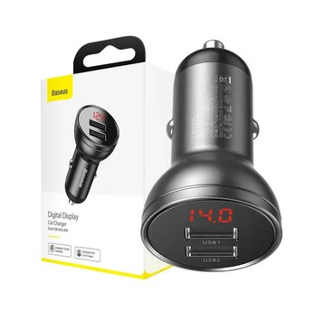 ŁADOWARKA SAMOCHODOWA 2xUSB-A, 4,8A, 24W, szara (LED wyświetlacz) BASEUS CCBX-0G